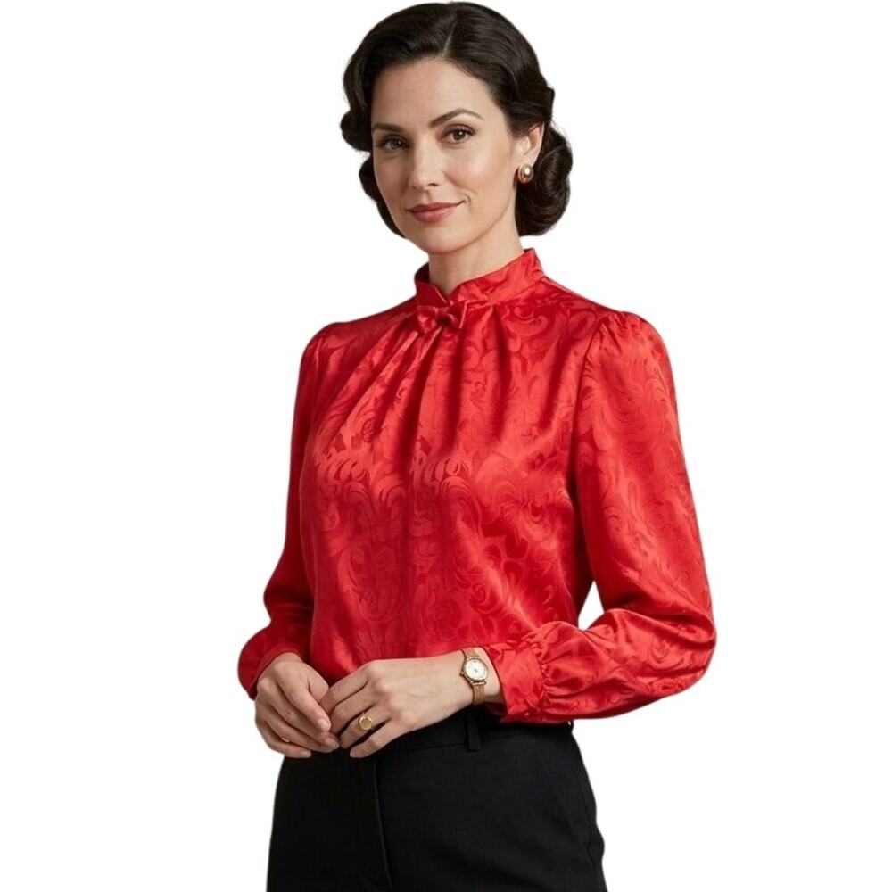 VTG ANN CHABROL Red Satin Jacquard High collar Bowtie Blouse SZ 14